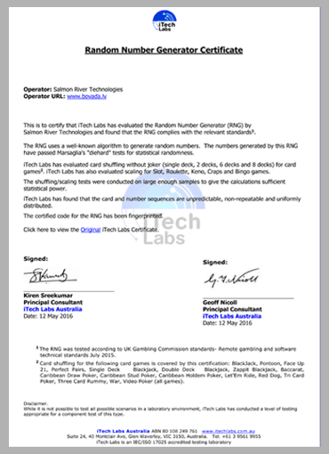 Random Number Generator Certificate