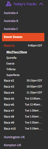 Un esempio di come i siti di scommesse di corse di cavalli mostrano le gare del giorno.